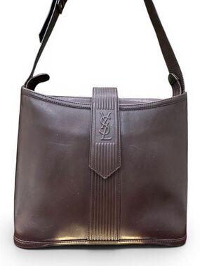 Vintage YSL Rive Gauche Brown Leather Shoulder Bag Embossed Logo Tab 90s